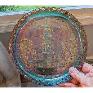 Indiana Glass Co Blue Carnival Glass Bicentennial Independence Hall 1776 Plate